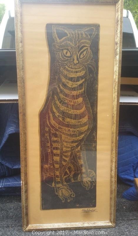 Original Cat Woodblock by Listed artist